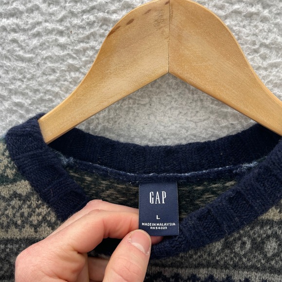 GAP Sweater Mens Large Green Blue Lambs Wool Fair Isle Nordic Outdoor Cabin Gorp - Picture 4 of 10
